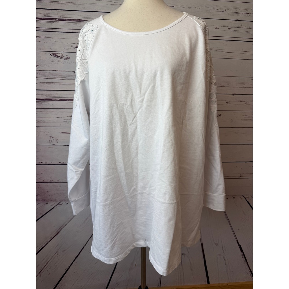 Quacker Factory Lace Crochet Rhinestone Top Plus Size‎ 1X Crochet Shirt White